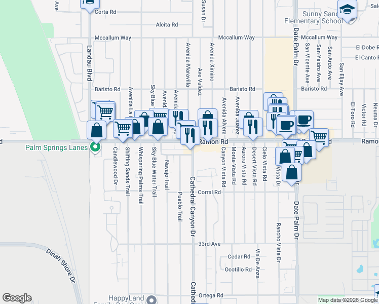 map of restaurants, bars, coffee shops, grocery stores, and more near 32123 Cathedral Canyon Drive in Cathedral City
