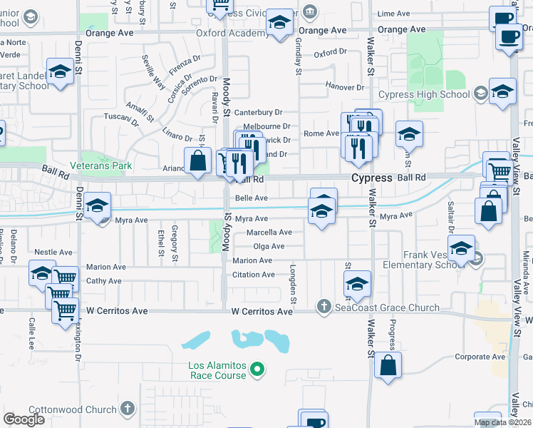map of restaurants, bars, coffee shops, grocery stores, and more near 5131 Myra Avenue in Cypress