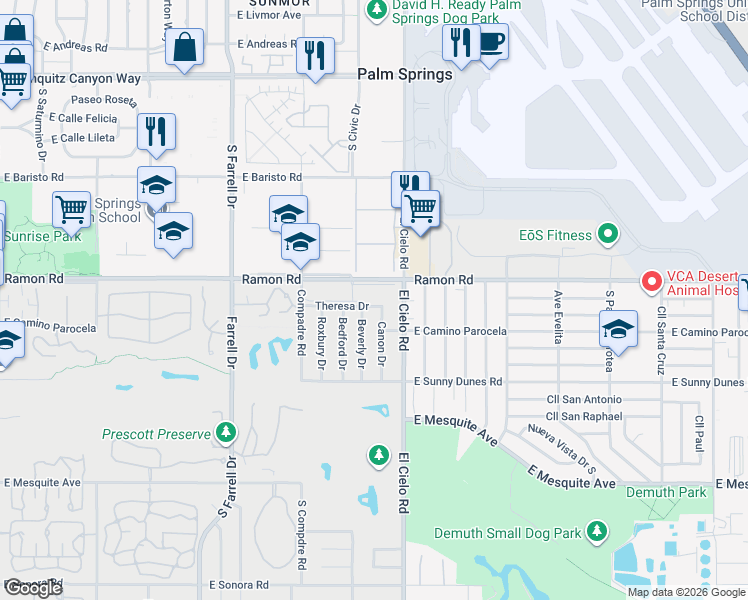 map of restaurants, bars, coffee shops, grocery stores, and more near 3155 East Ramon Road in Palm Springs