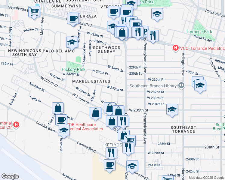 map of restaurants, bars, coffee shops, grocery stores, and more near 2552 West 232nd Street in Torrance