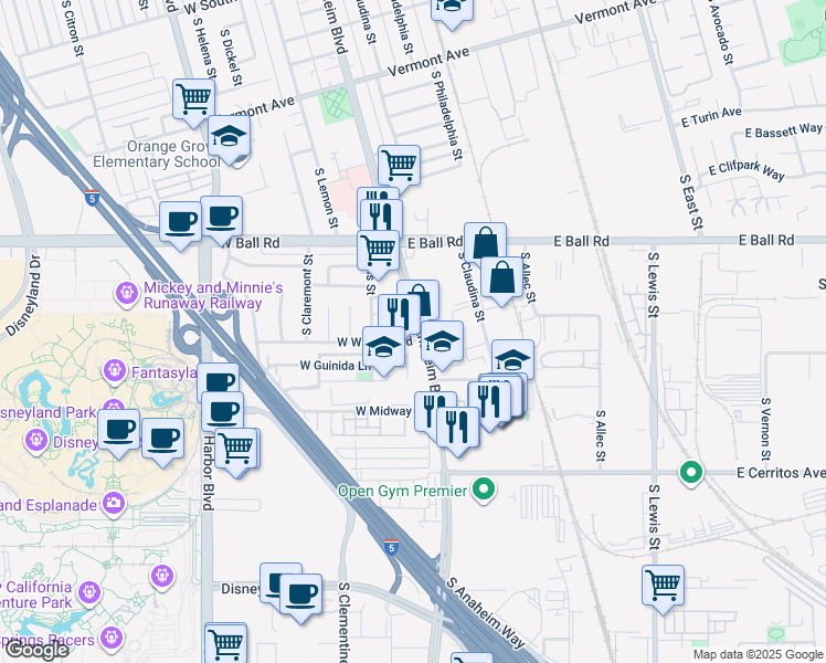 map of restaurants, bars, coffee shops, grocery stores, and more near 1341 South Anaheim Boulevard in Anaheim
