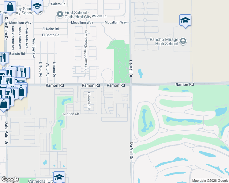 map of restaurants, bars, coffee shops, grocery stores, and more near 69801 Ramon Road in Cathedral City
