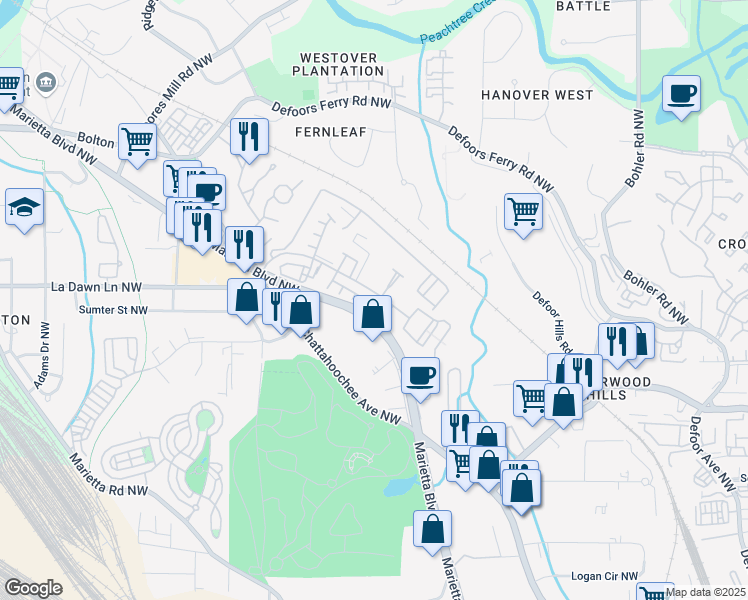 map of restaurants, bars, coffee shops, grocery stores, and more near 2171 Burnside Drive Northwest in Atlanta