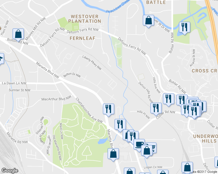 map of restaurants, bars, coffee shops, grocery stores, and more near 1801 Liberty Parkway Northwest in Atlanta
