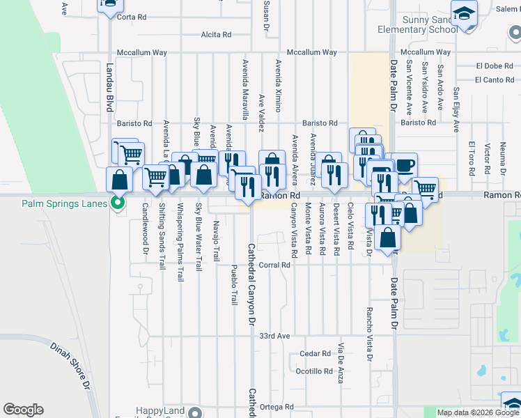 map of restaurants, bars, coffee shops, grocery stores, and more near 32-200 Cathedral Canyon Drive in Cathedral City