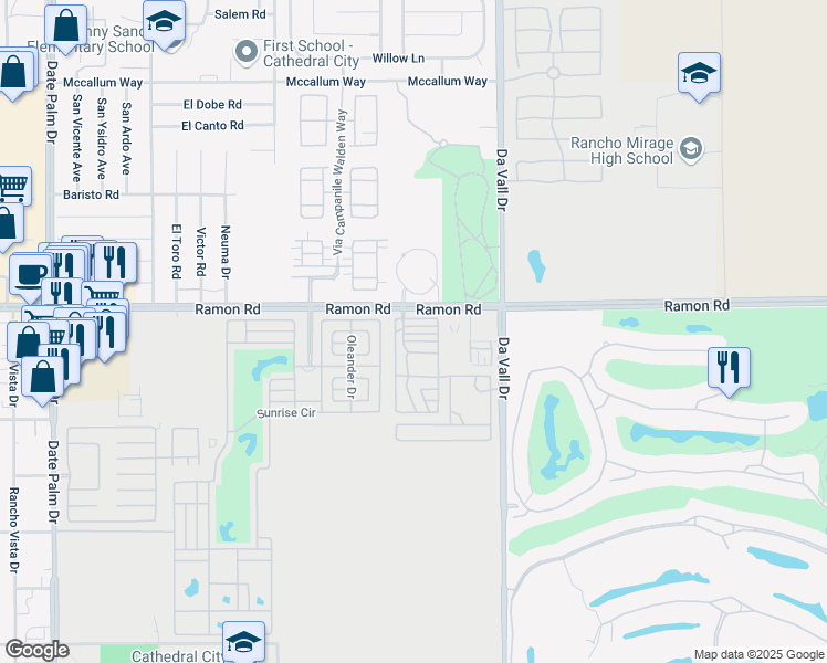 map of restaurants, bars, coffee shops, grocery stores, and more near 69801 Ramon Road in Cathedral City