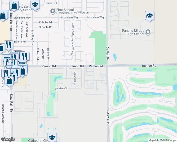 map of restaurants, bars, coffee shops, grocery stores, and more near 69801 Ramon Road in Cathedral City