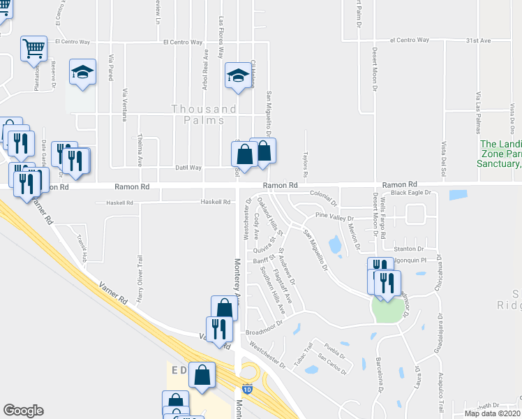 map of restaurants, bars, coffee shops, grocery stores, and more near 32121 Oakland Hills Street in Thousand Palms