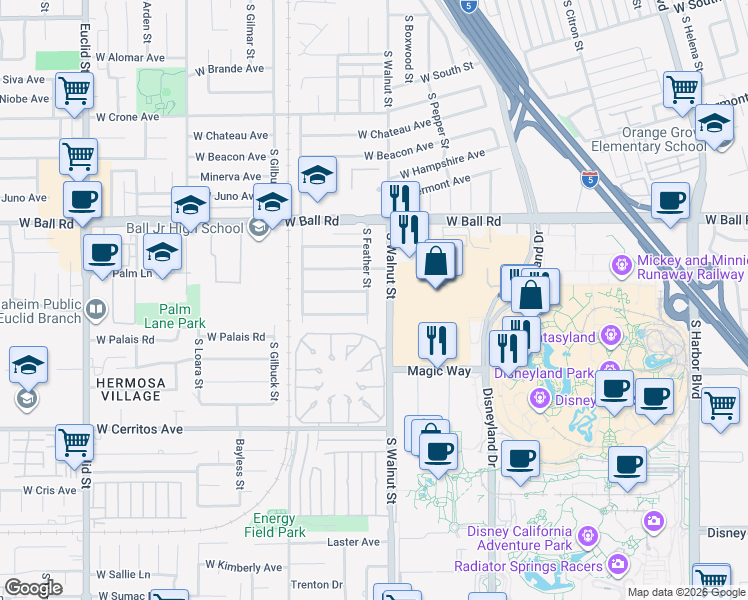 map of restaurants, bars, coffee shops, grocery stores, and more near 1330 South Feather Street in Anaheim
