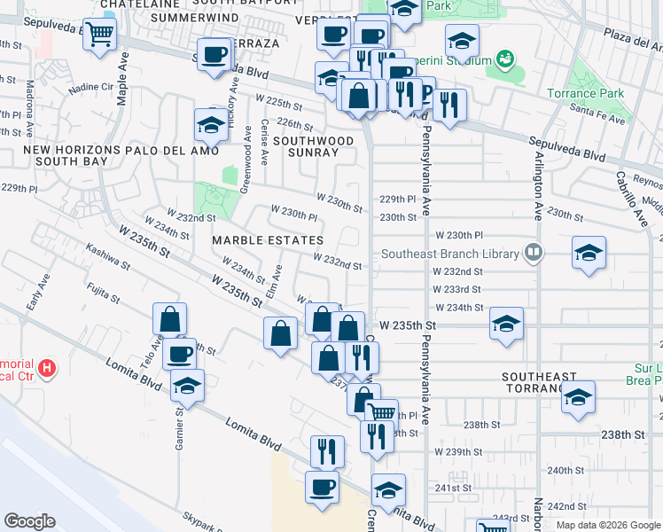map of restaurants, bars, coffee shops, grocery stores, and more near 2552 West 232nd Street in Torrance