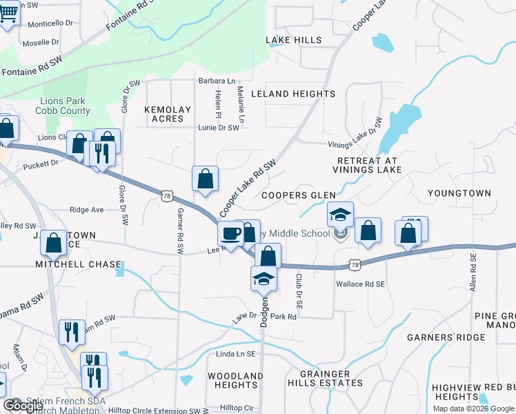map of restaurants, bars, coffee shops, grocery stores, and more near 94 Coopers Glen Drive Southwest in Mableton