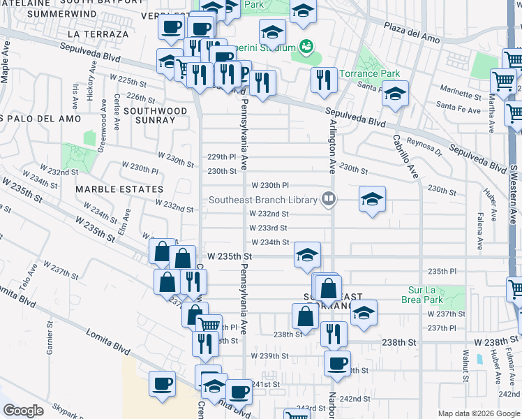map of restaurants, bars, coffee shops, grocery stores, and more near 2345 West 232nd Street in Torrance