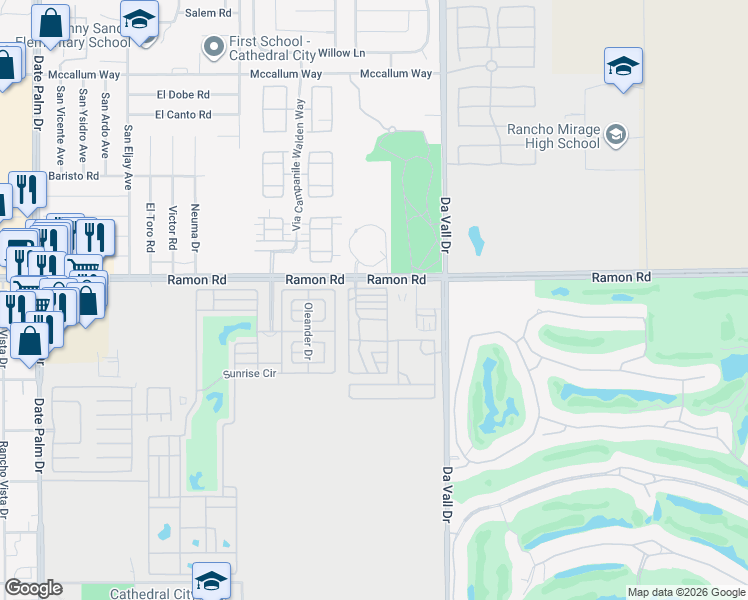 map of restaurants, bars, coffee shops, grocery stores, and more near 69801 Ramon Road in Cathedral City