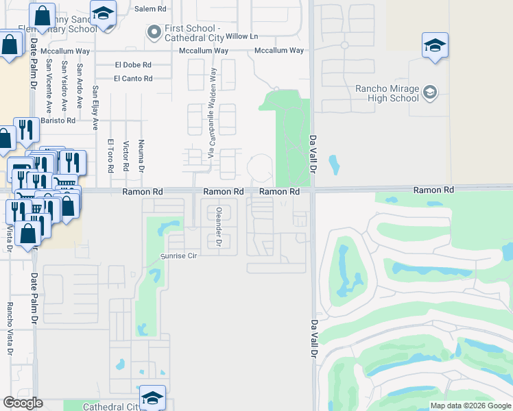 map of restaurants, bars, coffee shops, grocery stores, and more near 69801 Ramon Road in Cathedral City