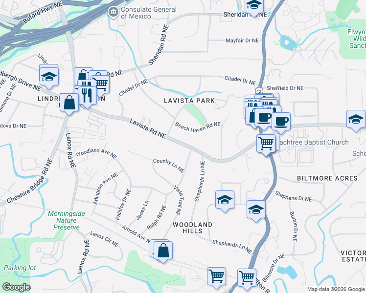 map of restaurants, bars, coffee shops, grocery stores, and more near 1444 Woodland Hills Drive Northeast in Atlanta