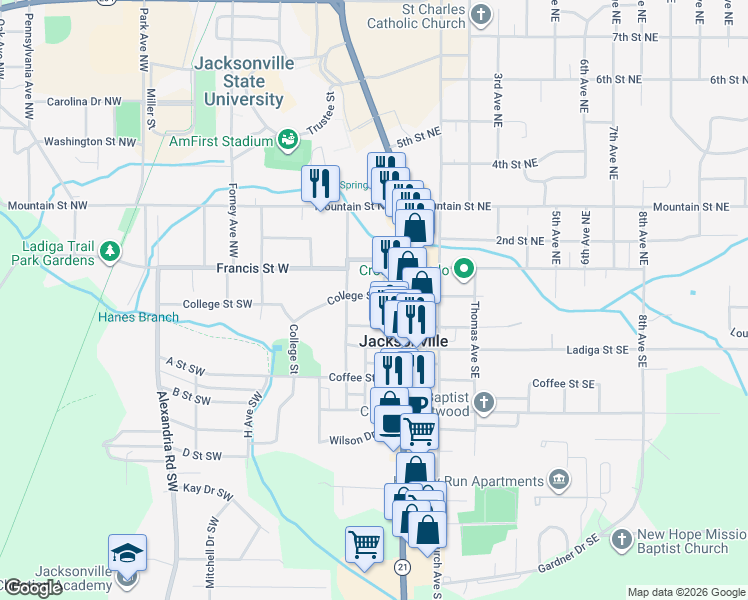 map of restaurants, bars, coffee shops, grocery stores, and more near 204 College Street Southwest in Jacksonville