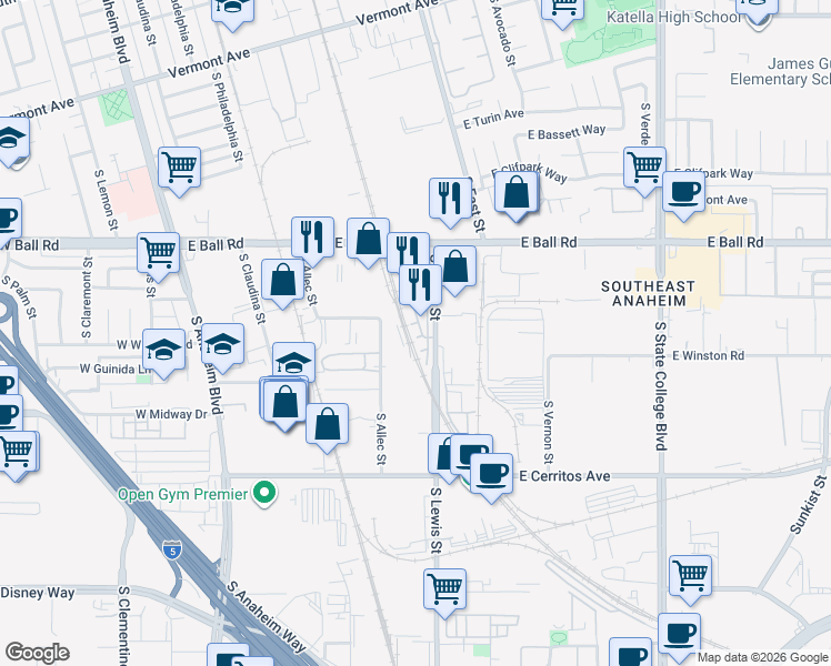 map of restaurants, bars, coffee shops, grocery stores, and more near 1351 South Lewis Street in Anaheim