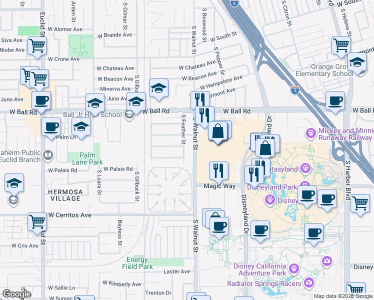 map of restaurants, bars, coffee shops, grocery stores, and more near 1330 South Feather Street in Anaheim
