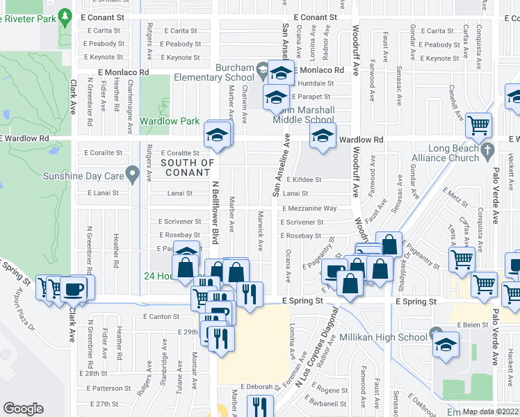 map of restaurants, bars, coffee shops, grocery stores, and more near E Mezzanine Way & N Marwick Ave in Long Beach