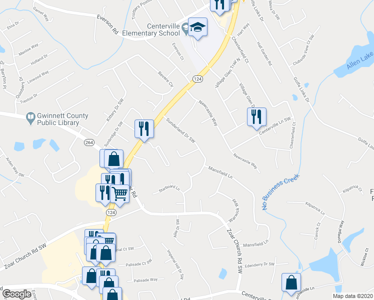 map of restaurants, bars, coffee shops, grocery stores, and more near 3585 Shrewsbury Court Southwest in Snellville