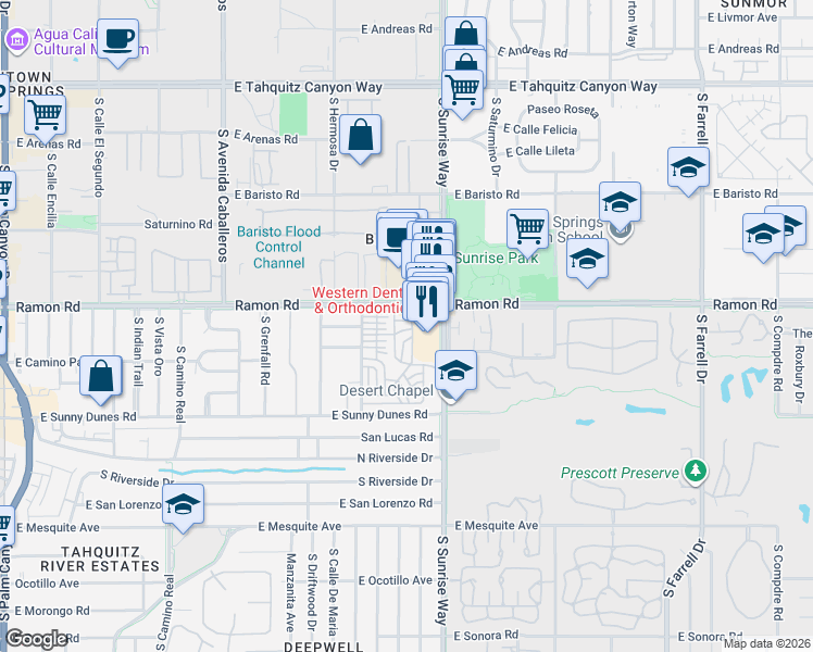 map of restaurants, bars, coffee shops, grocery stores, and more near 555 South Sunrise Way in Palm Springs