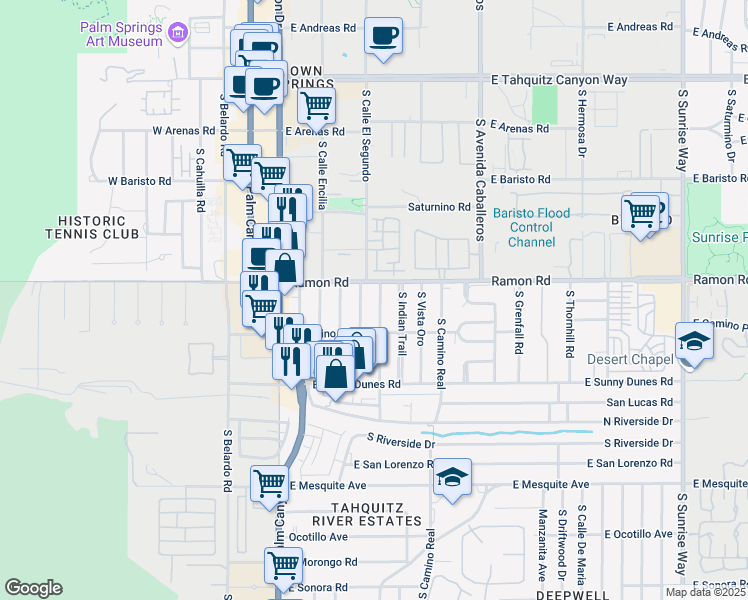 map of restaurants, bars, coffee shops, grocery stores, and more near 580 South Calle Palo Fierro in Palm Springs