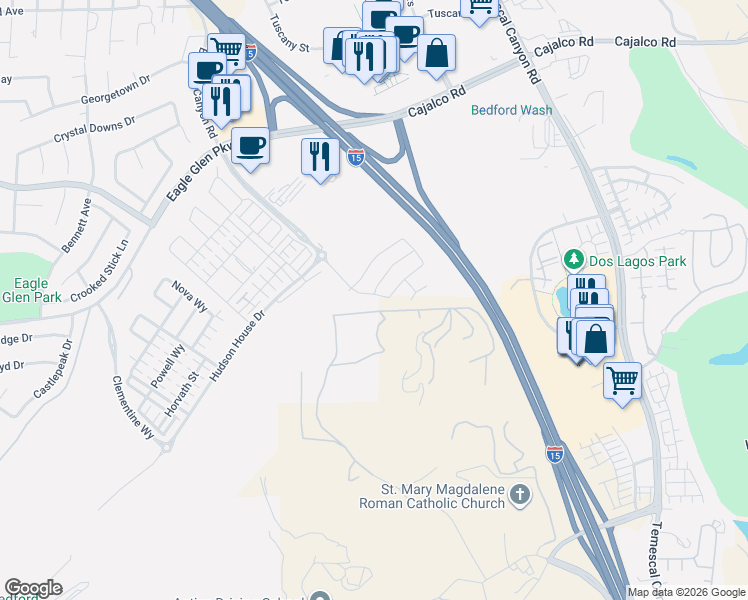 map of restaurants, bars, coffee shops, grocery stores, and more near 21250-21264 Glen Road in Corona