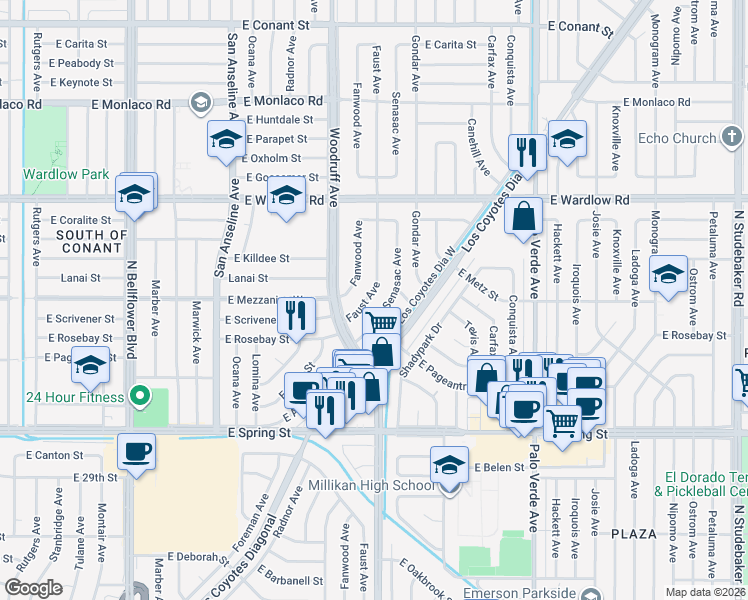 map of restaurants, bars, coffee shops, grocery stores, and more near 3160 Senasac Avenue in Long Beach