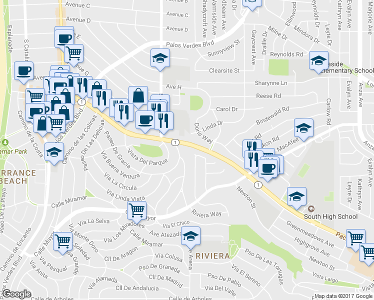 map of restaurants, bars, coffee shops, grocery stores, and more near 23315 Susana Avenue in Torrance