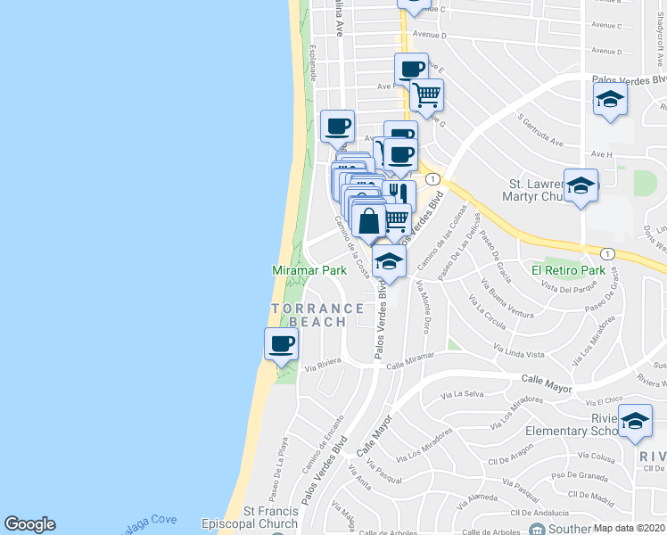 map of restaurants, bars, coffee shops, grocery stores, and more near 213 Calle Miramar in Redondo Beach