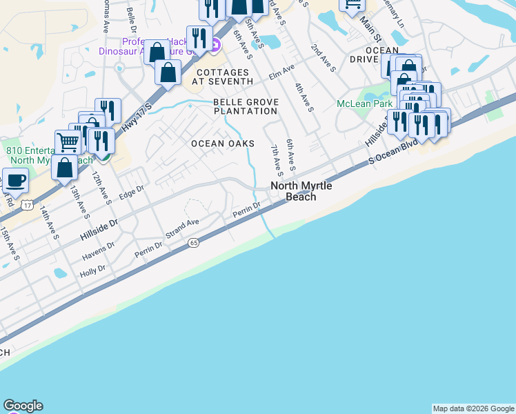 map of restaurants, bars, coffee shops, grocery stores, and more near 801 South Ocean Boulevard in North Myrtle Beach