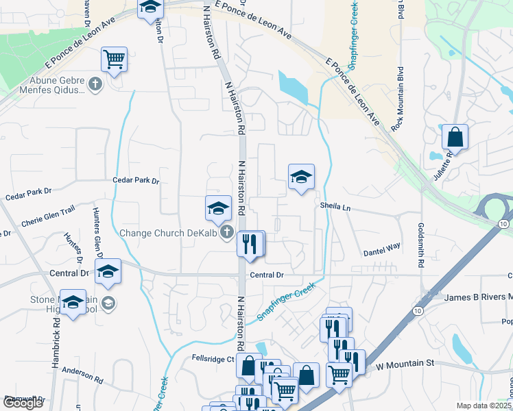 map of restaurants, bars, coffee shops, grocery stores, and more near 1235 North Hairston Road in Stone Mountain