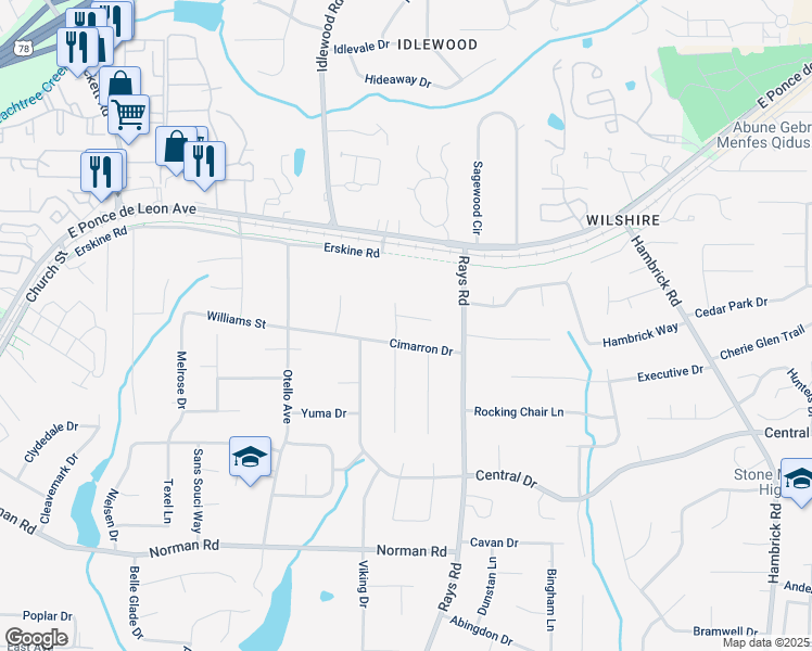 map of restaurants, bars, coffee shops, grocery stores, and more near 4123 Oakmont Court in Clarkston