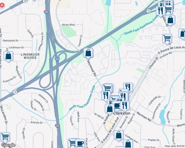 map of restaurants, bars, coffee shops, grocery stores, and more near 101 Plantation Drive in Clarkston