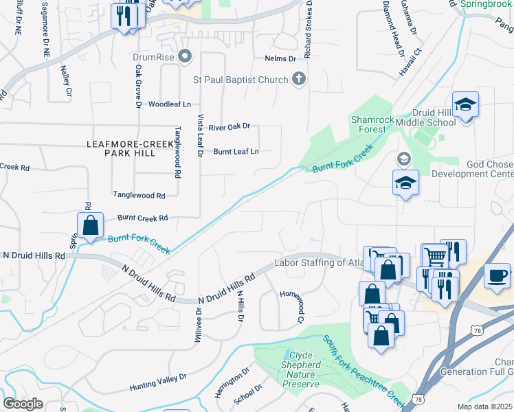 map of restaurants, bars, coffee shops, grocery stores, and more near 2507 Wilson Woods Drive in Decatur