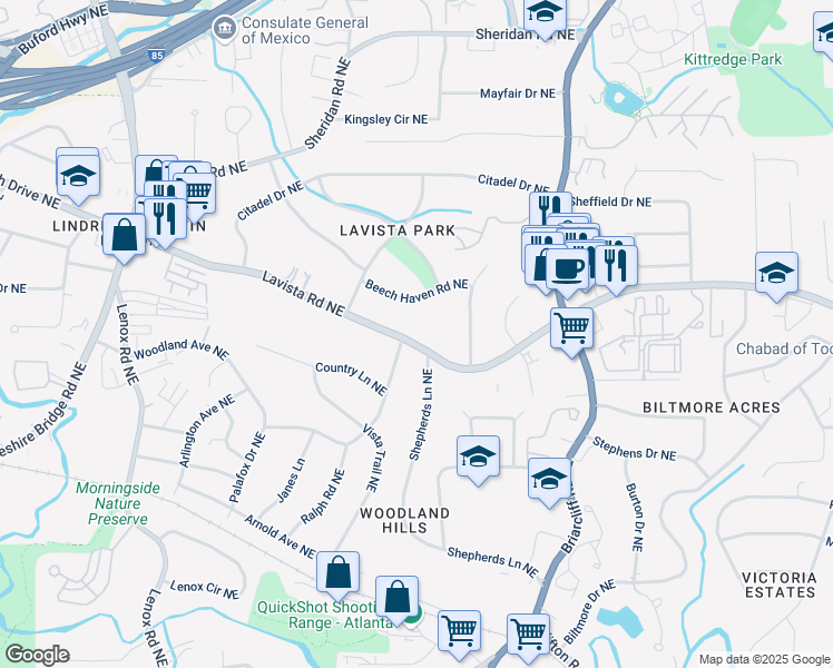 map of restaurants, bars, coffee shops, grocery stores, and more near 1476 Lavista Road Northeast in Atlanta