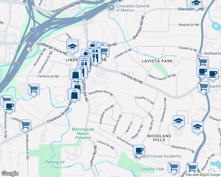 map of restaurants, bars, coffee shops, grocery stores, and more near 1217 Woodland Avenue Northeast in Atlanta