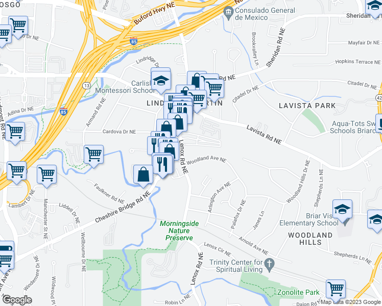map of restaurants, bars, coffee shops, grocery stores, and more near 2175 Lenox Road Northeast in Atlanta