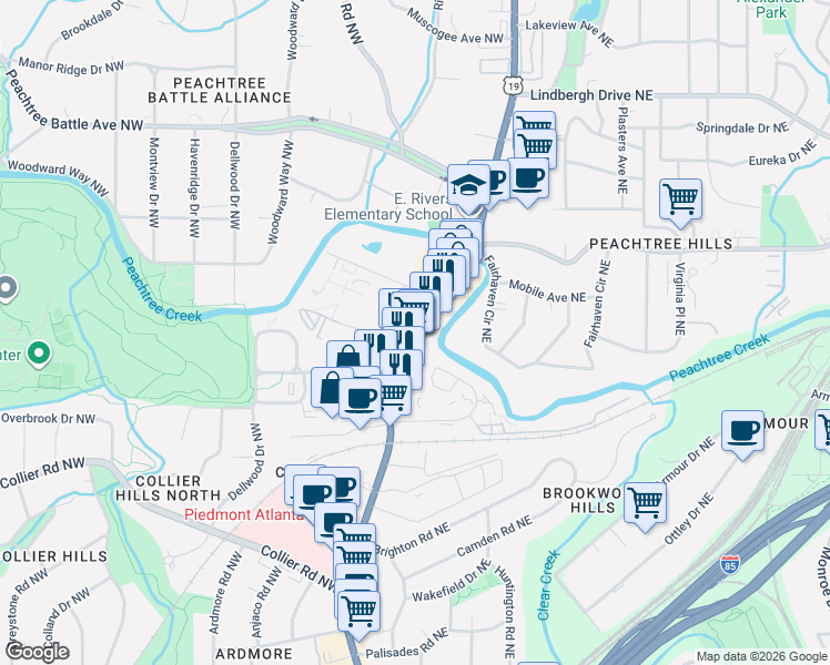 map of restaurants, bars, coffee shops, grocery stores, and more near 2221 Peachtree Park Drive Northeast in Atlanta
