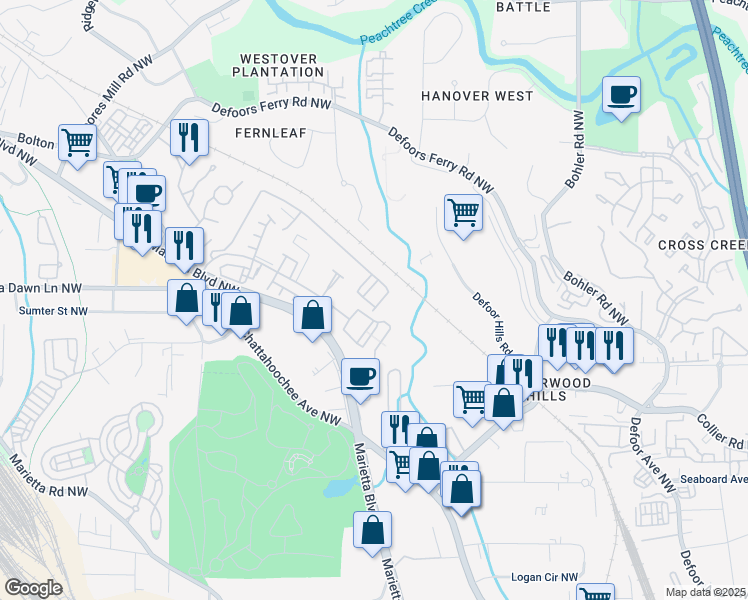map of restaurants, bars, coffee shops, grocery stores, and more near 1732 Liberty Parkway Northwest in Atlanta