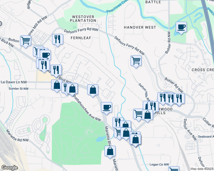 map of restaurants, bars, coffee shops, grocery stores, and more near 1801 Liberty Parkway Northwest in Atlanta