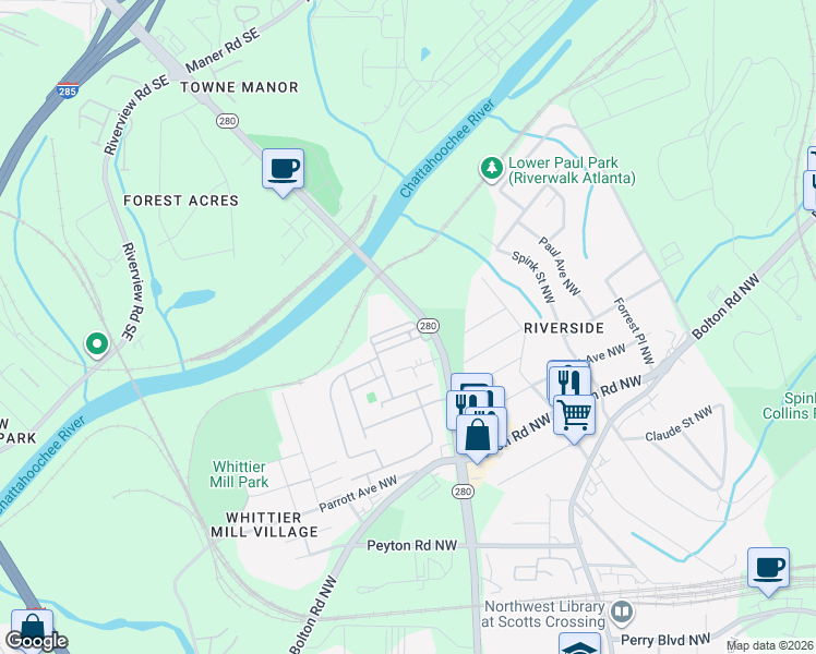 map of restaurants, bars, coffee shops, grocery stores, and more near 2183 Old Georgian Terrace in Atlanta