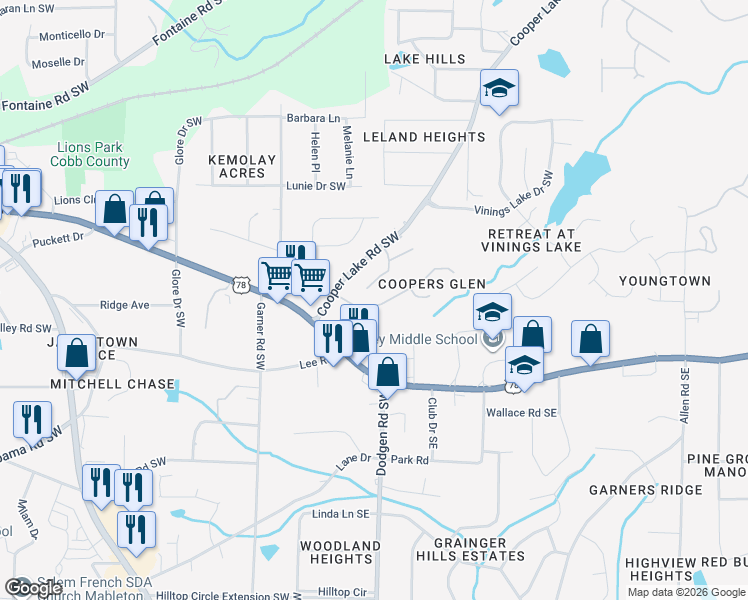 map of restaurants, bars, coffee shops, grocery stores, and more near 94 Coopers Glen Drive Southwest in Mableton