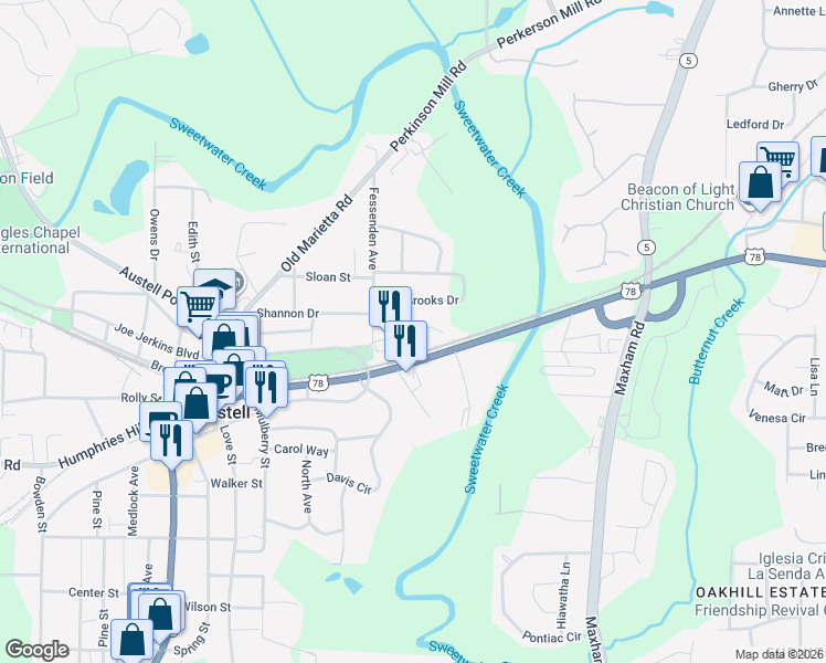 map of restaurants, bars, coffee shops, grocery stores, and more near 3460 Veterans Memorial Highway Southwest in Austell