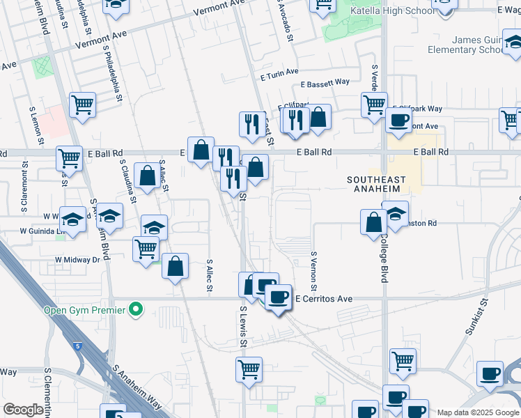 map of restaurants, bars, coffee shops, grocery stores, and more near 1300 South Lewis Street in Anaheim