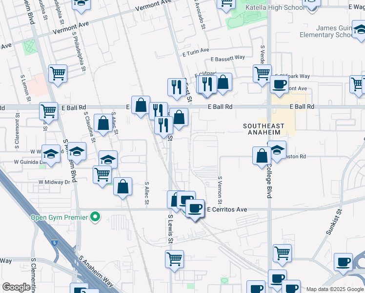 map of restaurants, bars, coffee shops, grocery stores, and more near 1300 South Lewis Street in Anaheim