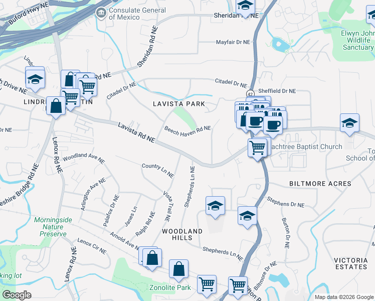 map of restaurants, bars, coffee shops, grocery stores, and more near 1481 Lavista Road Northeast in Atlanta