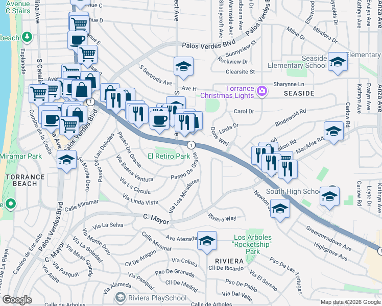 map of restaurants, bars, coffee shops, grocery stores, and more near 364 Paseo De Gracia in Redondo Beach