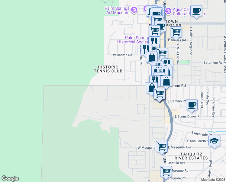 map of restaurants, bars, coffee shops, grocery stores, and more near 579 Polaris Court in Palm Springs