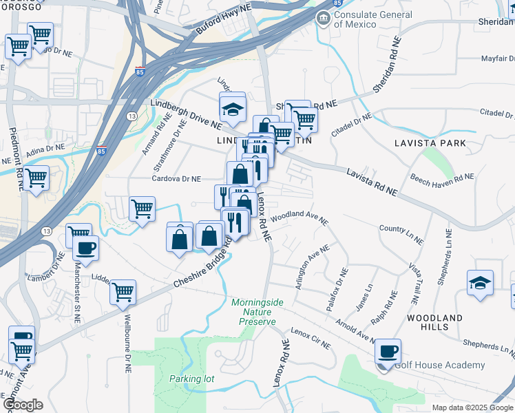 map of restaurants, bars, coffee shops, grocery stores, and more near 1079 Woodland Avenue Northeast in Atlanta